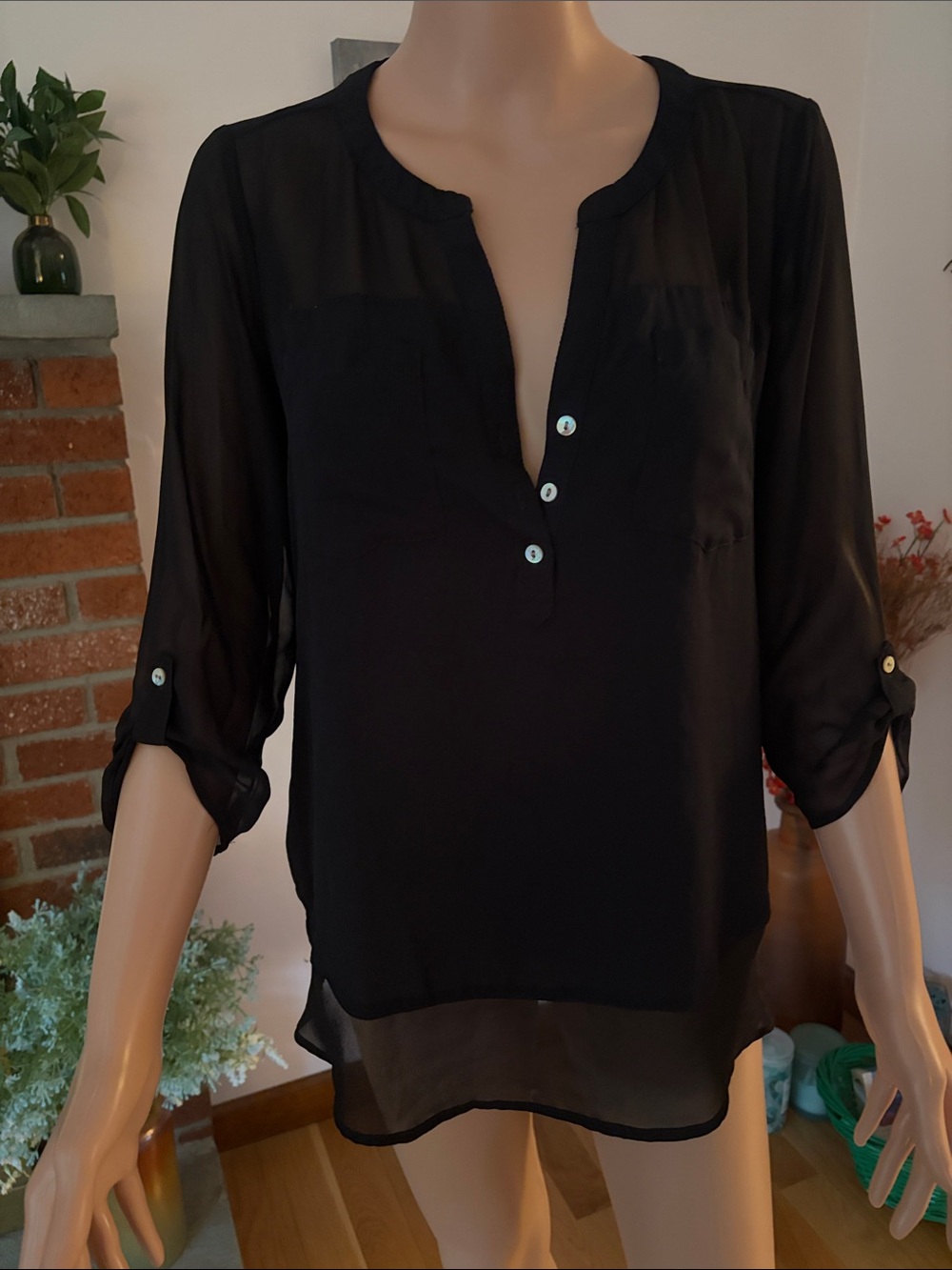 Express Black Sheer Button-Front Blouse